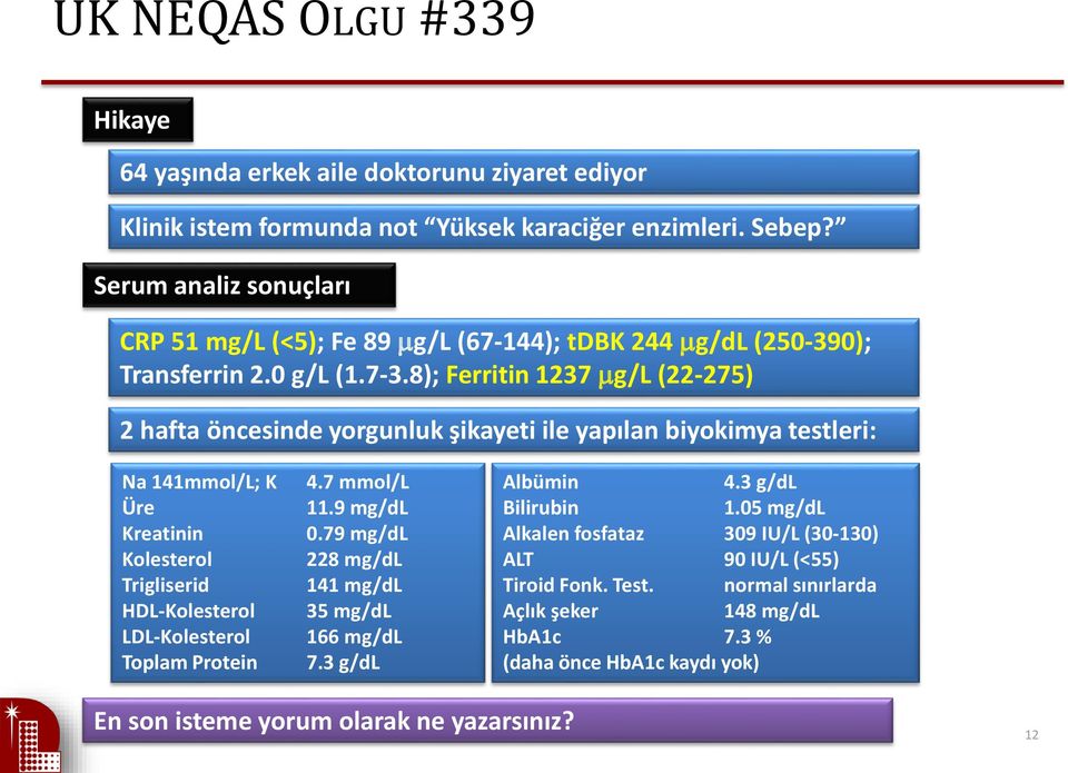 8); Ferritin 1237 g/l (22-275) 2 hafta öncesinde yorgunluk şikayeti ile yapılan biyokimya testleri: Na 141mmol/L; K Üre Kreatinin Kolesterol Trigliserid HDL-Kolesterol LDL-Kolesterol Toplam