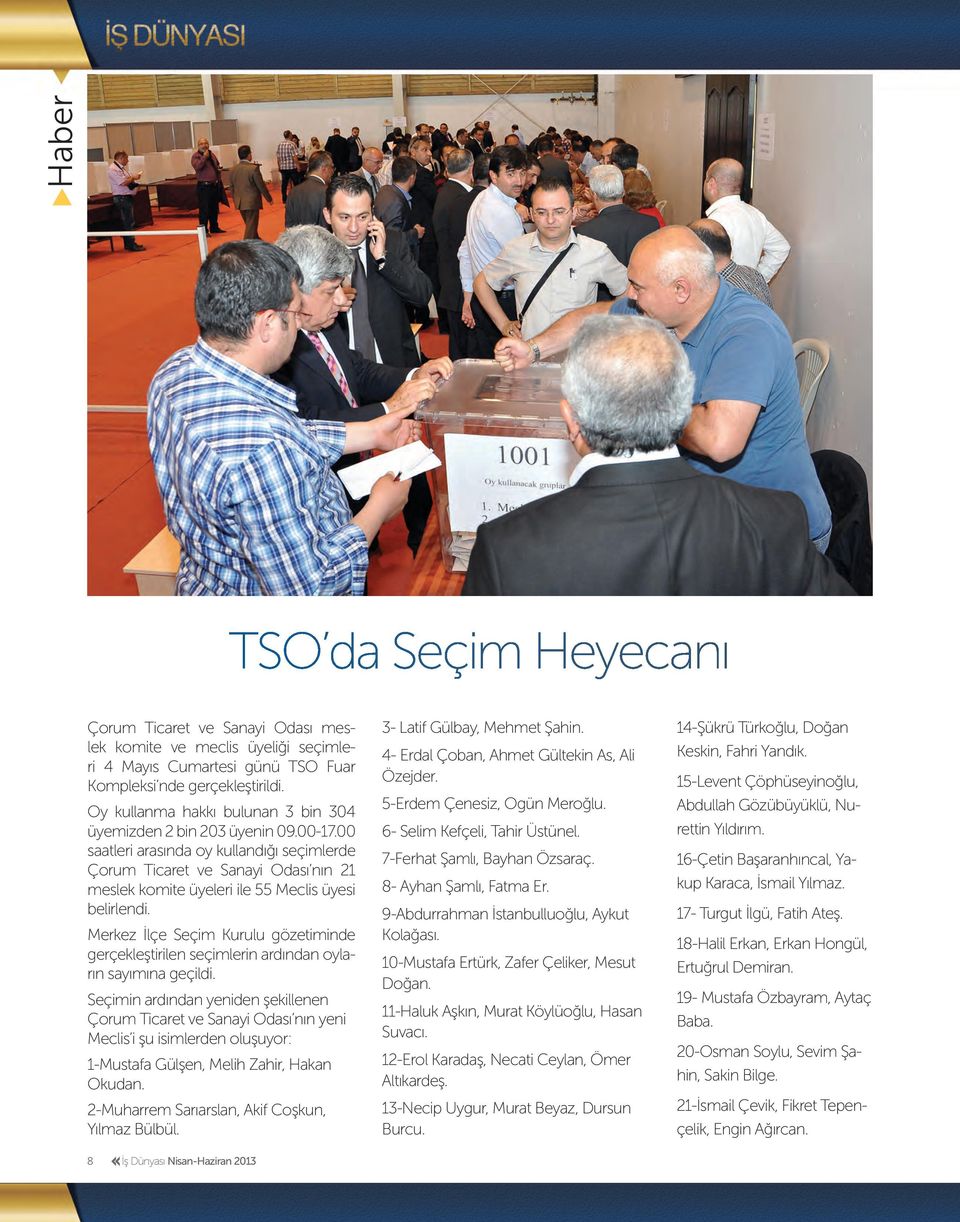 00 saatleri arasında oy kullandığı seçimlerde Çorum Ticaret ve Sanayi Odası nın 21 meslek komite üyeleri ile 55 Meclis üyesi belirlendi.