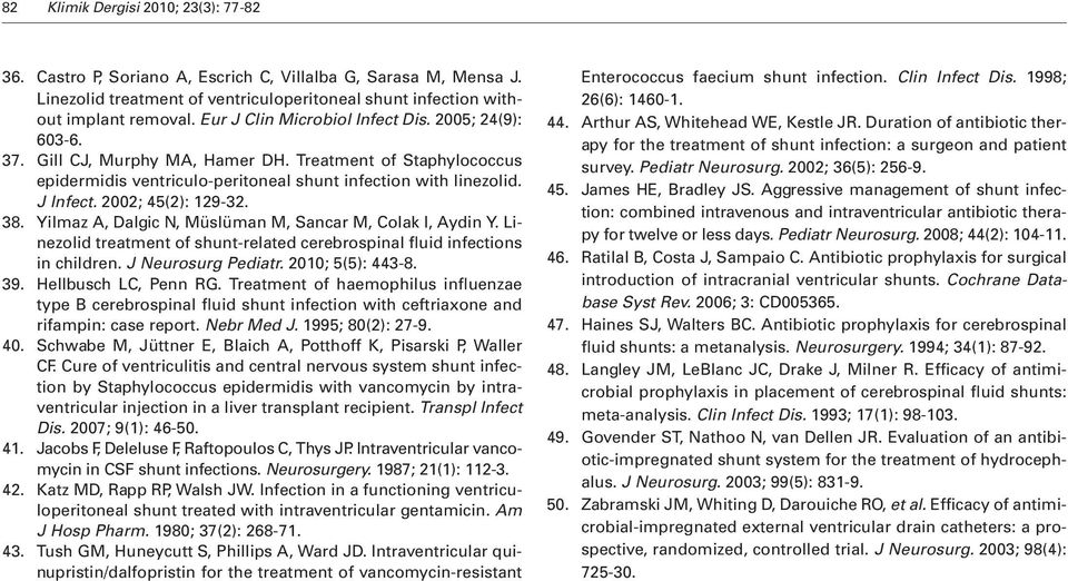 2002; 45(2): 129-32. 38. Yilmaz A, Dalgic N, Müslüman M, Sancar M, Colak I, Aydin Y. Linezolid treatment of shunt-related cerebrospinal fluid infections in children. J Neurosurg Pediatr.