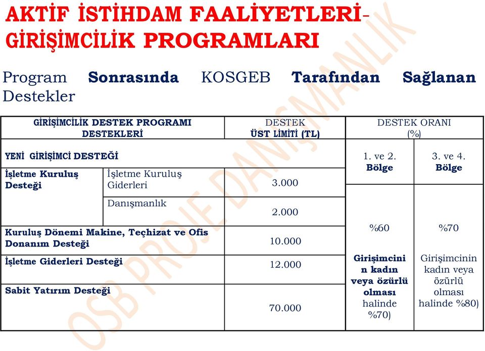 Bölge ĠĢletme KuruluĢ İşletme Kuruluş Desteği Giderleri 3.000 3. ve 4. Bölge Danışmanlık 2.