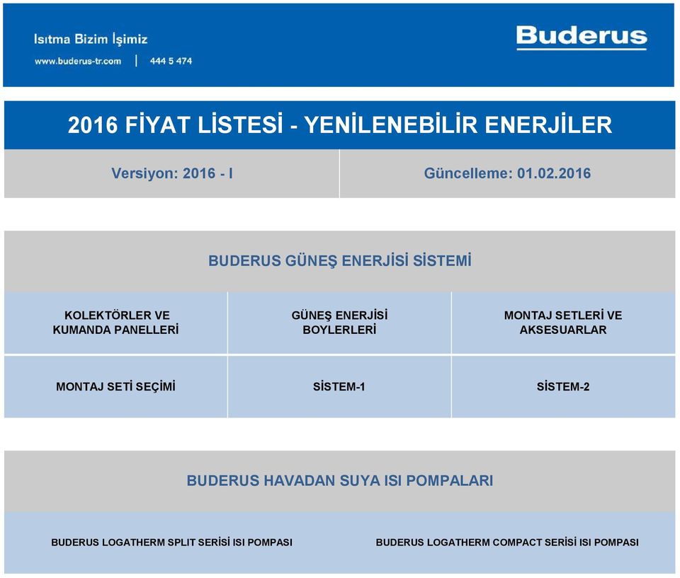 SETLERİ VE AKSESUARLAR MONTAJ SETİ SEÇİMİ SİSTEM-1 SİSTEM- BUDERUS HAVADAN SUYA ISI