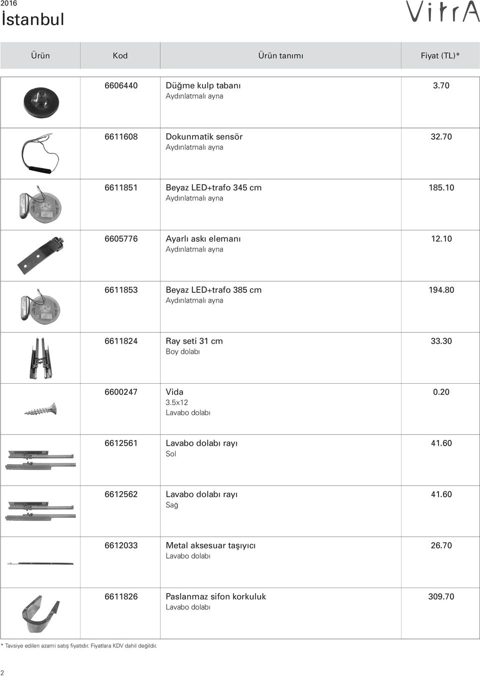 10 6611853 Beyaz LED+trafo 385 cm Aydınlatmalı ayna 194.80 6611824 Ray seti 31 cm Boy dolabı 33.30 6600247 Vida 3.