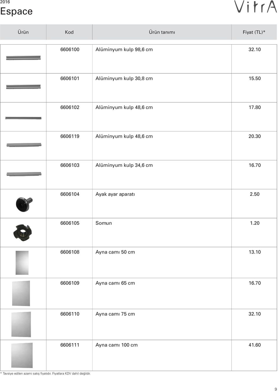 30 6606103 Alüminyum kulp 34,6 cm 16.70 6606104 Ayak ayar aparatı 2.50 6606105 Somun 1.