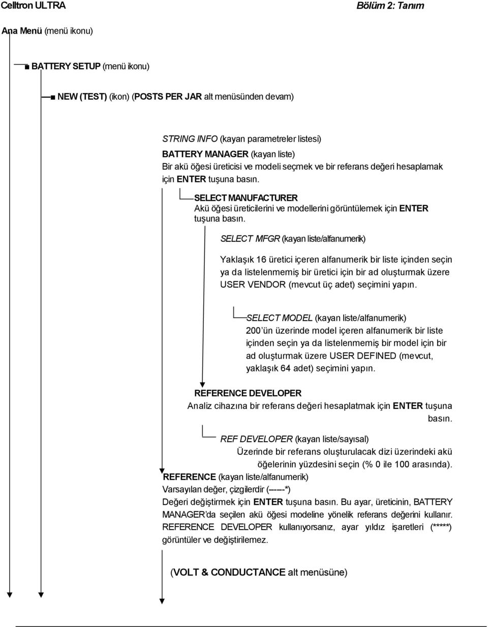 SELECT MANUFACTURER Akü öğesi üreticilerini ve modellerini görüntülemek için ENTER tuşuna basın.