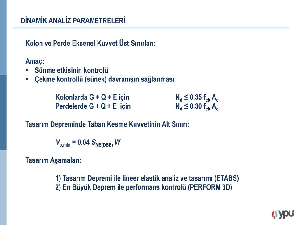 35 f ck A c N d 0.30 f ck A c Tasarım Depreminde Taban Kesme Kuvvetinin Alt Sınırı: Tasarım Aşamaları: V b,min = 0.