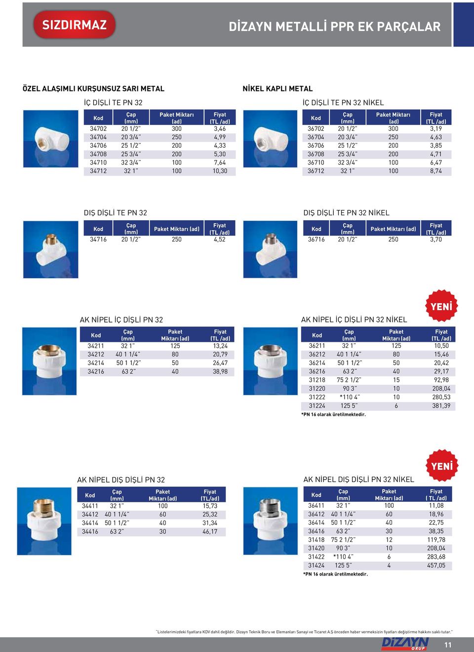 100 6,47 36712 32 1 100 8,74 DIŞ DİŞLİ TE PN 32 34716 20 1/2 250 4,52 DIŞ DİŞLİ TE PN 32 NİKEL 36716 20 1/2 250 3,70 AK NİPEL İÇ DİŞLİ PN 32 Miktarı (ad) 34211 32 1 125 13,24 34212 40 1 1/4 80 20,79