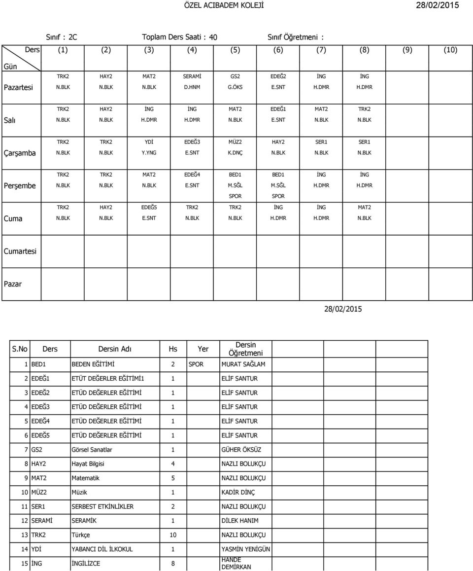 DMR TRK2 HAY2 EDEĞ5 TRK2 TRK2 İNG İNG MAT2 N.BLK N.BLK E.SNT N.BLK N.BLK H.DMR H.DMR N.