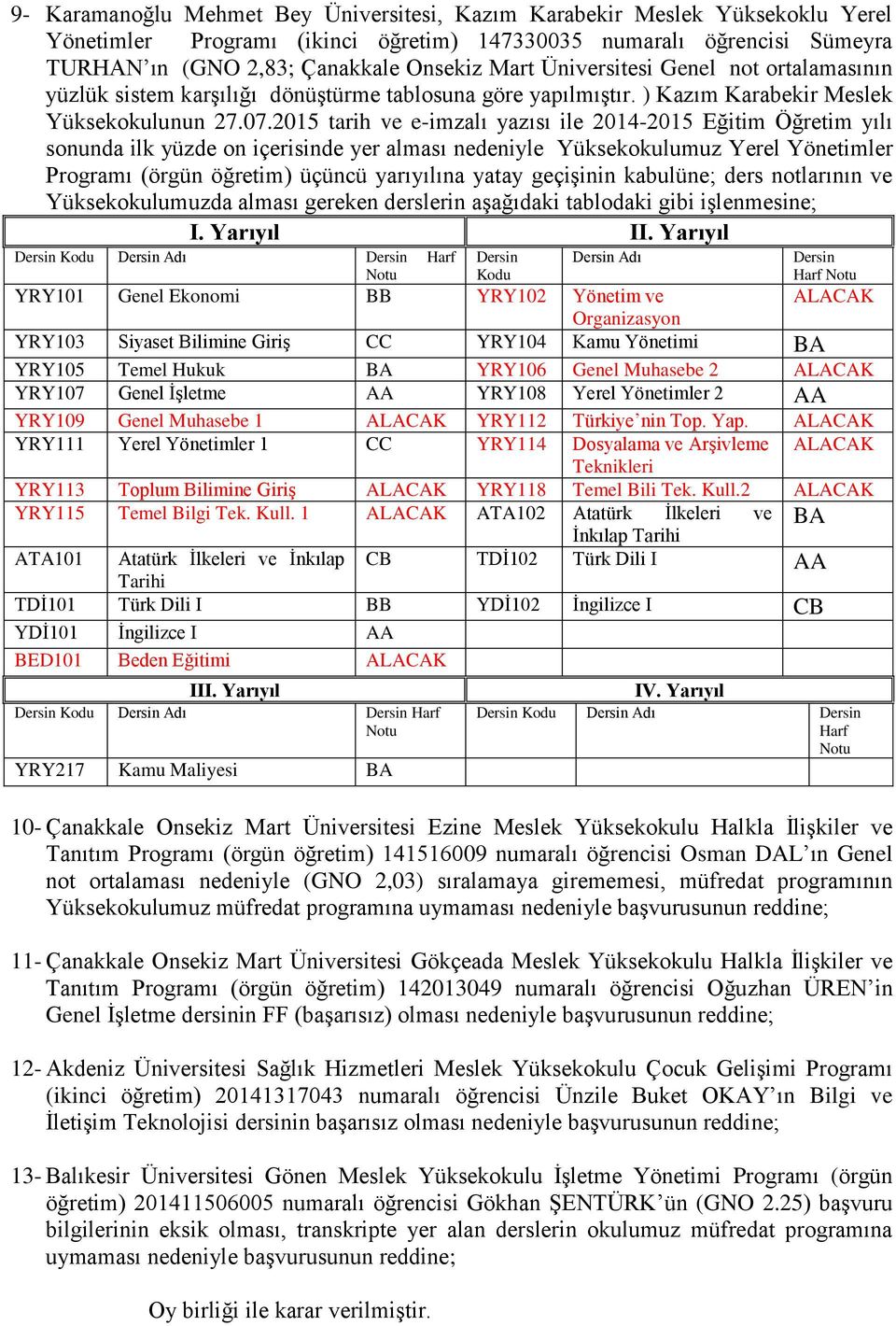 2015 tarih ve e-imzalı yazısı ile 2014-2015 Eğitim Öğretim yılı sonunda ilk yüzde on içerisinde yer alması nedeniyle Yüksekokulumuz Yerel Yönetimler Programı (örgün öğretim) üçüncü yarıyılına yatay