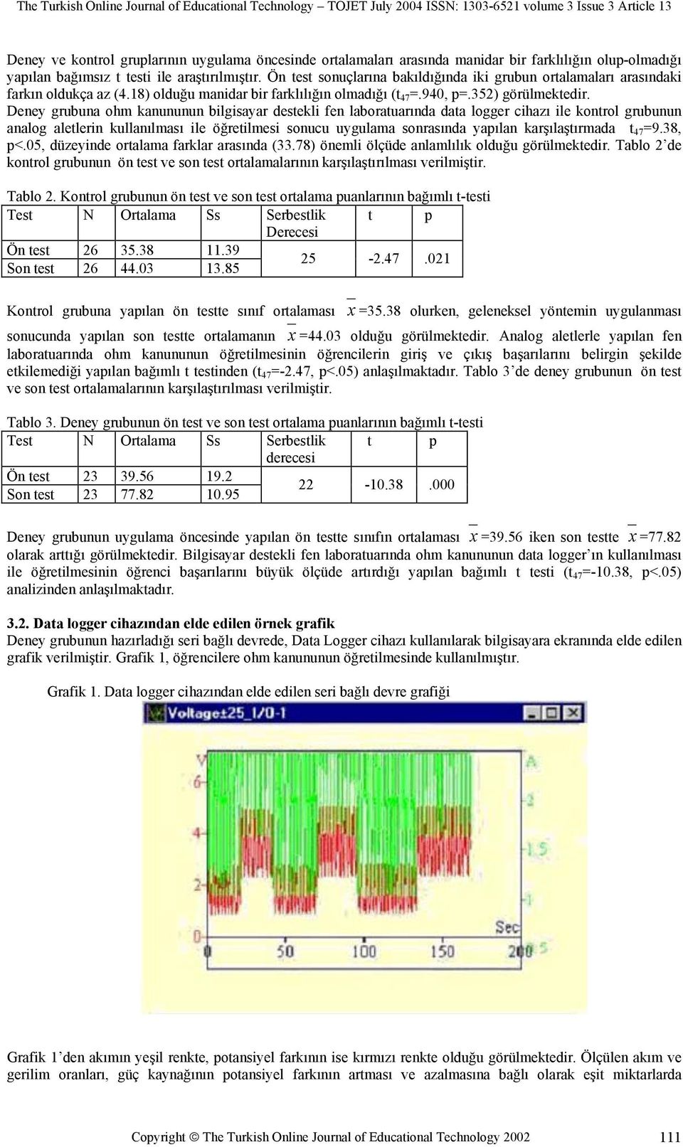 Deney grubuna ohm kanununun bilgisayar destekli fen laboratuarında data logger cihazı ile kontrol grubunun analog aletlerin kullanılması ile öğretilmesi sonucu uygulama sonrasında yapılan