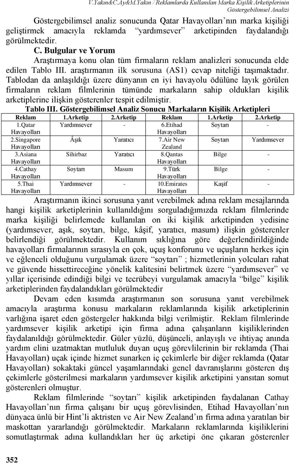 görülmektedir. C. Bulgular ve Yorum Araştırmaya konu olan tüm firmaların reklam analizleri sonucunda elde edilen Tablo III. araştırmanın ilk sorusuna (AS1) cevap niteliği taşımaktadır.