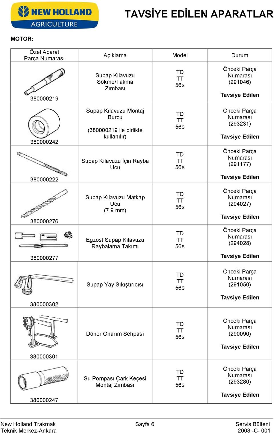 9 mm) Egzost Supap Kılavuzu Raybalama Takımı (294027) (294028) 380000277 Supap Yay Sıkıştırıcısı (291050) 380000302 Döner