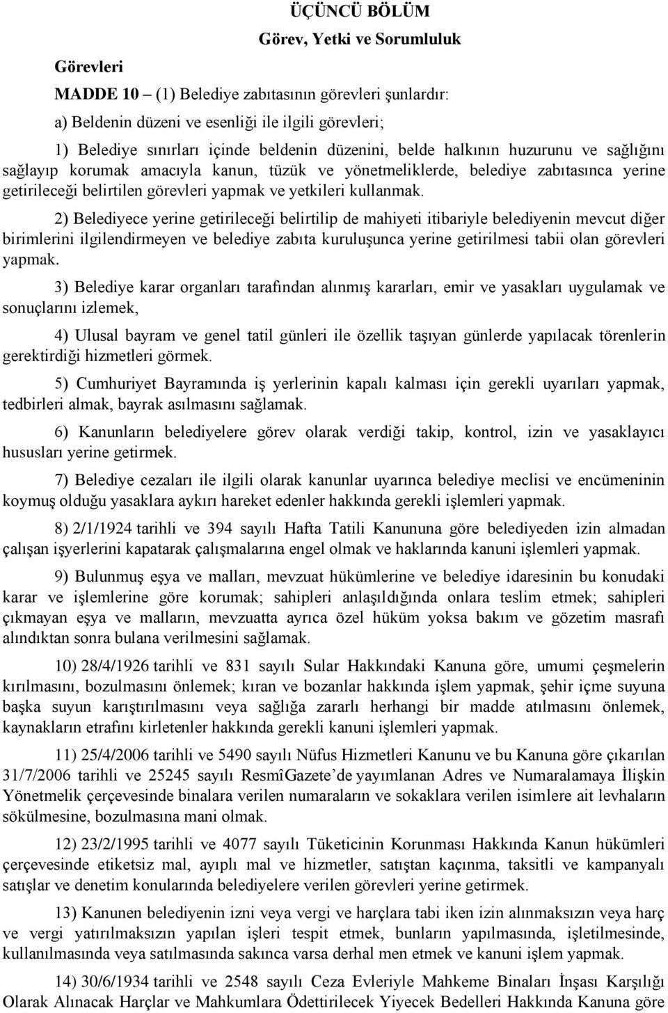 2) Belediyece yerine getirileceği belirtilip de mahiyeti itibariyle belediyenin mevcut diğer birimlerini ilgilendirmeyen ve belediye zabıta kuruluşunca yerine getirilmesi tabii olan görevleri yapmak.