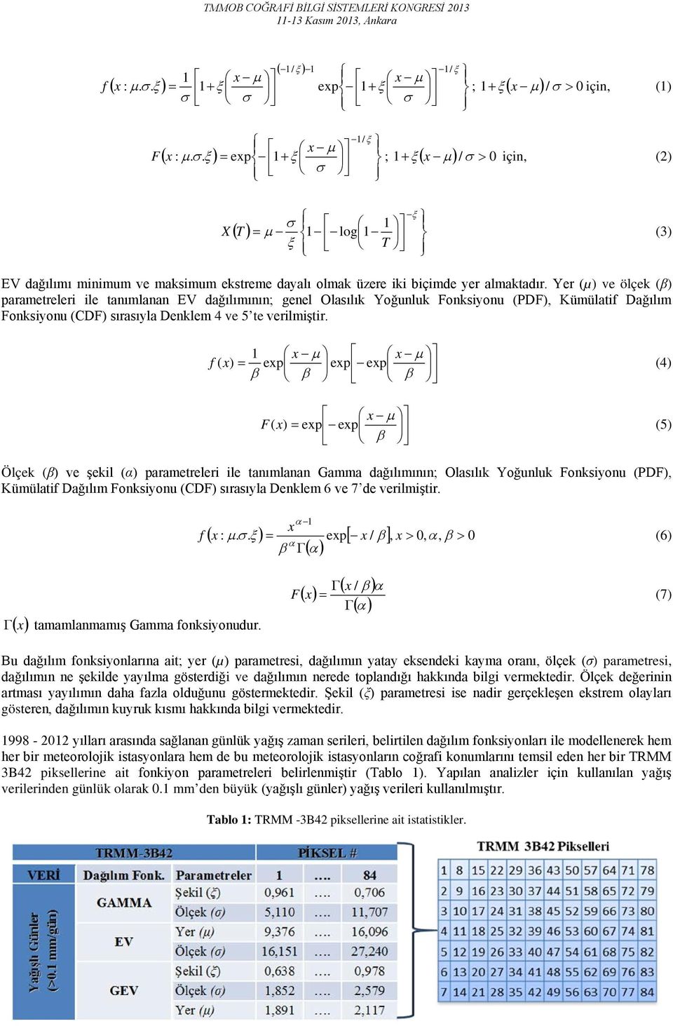 1 x µ x µ f ( x) = exp exp exp (4) β β β x µ F( x) = exp exp (5) β Ölçek (β) ve şekil (α) parametreleri ile tanımlanan Gamma dağılımının; Olasılık Yoğunluk Fonksiyonu (PDF), Kümülatif Dağılım