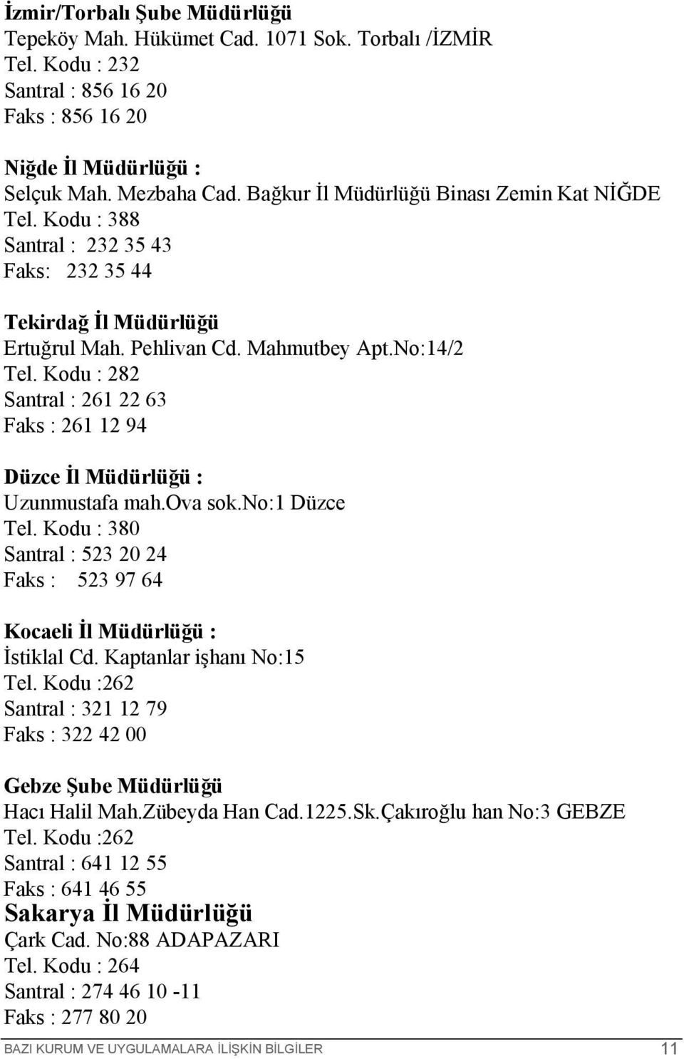 Kodu : 282 Santral : 261 22 63 Faks : 261 12 94 Düzce İl Müdürlüğü : Uzunmustafa mah.ova sok.no:1 Düzce Tel. Kodu : 380 Santral : 523 20 24 Faks : 523 97 64 Kocaeli İl Müdürlüğü : İstiklal Cd.