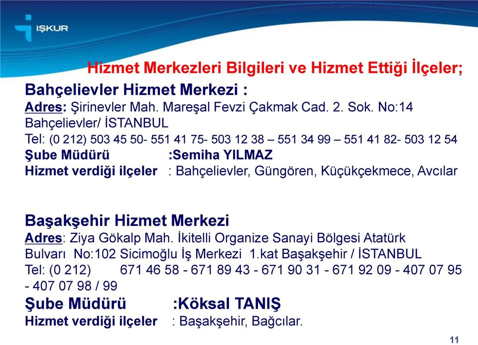 Bahçelievler, Güngören, Küçükçekmece, Avcılar Başakşehir Hizmet Merkezi Adres: Ziya Gökalp Mah.