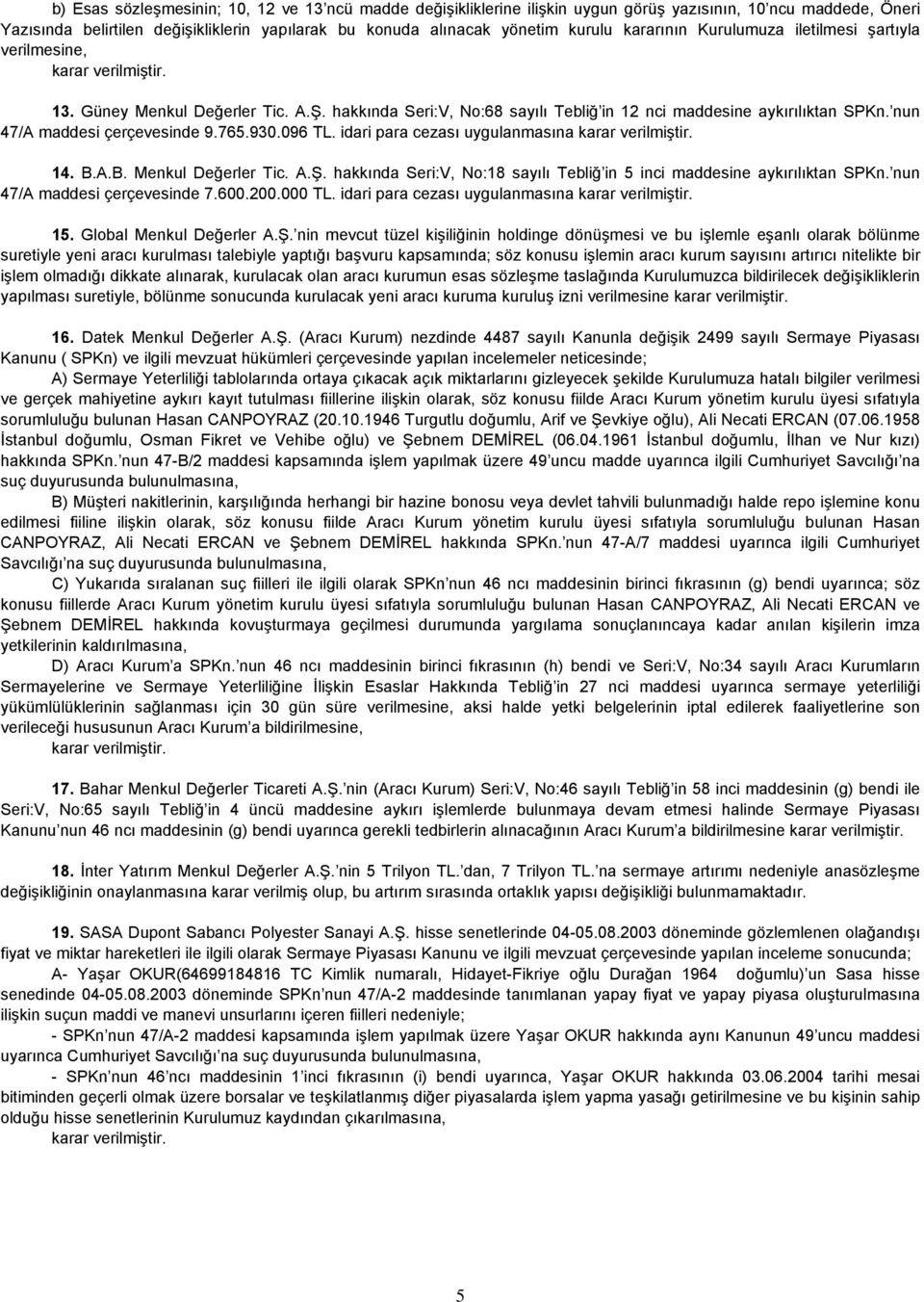 765.930.096 TL. idari para cezası uygulanmasına 14. B.A.B. Menkul Değerler Tic. A.Ş. hakkında Seri:V, No:18 sayılı Tebliğ in 5 inci maddesine aykırılıktan SPKn. nun 47/A maddesi çerçevesinde 7.600.