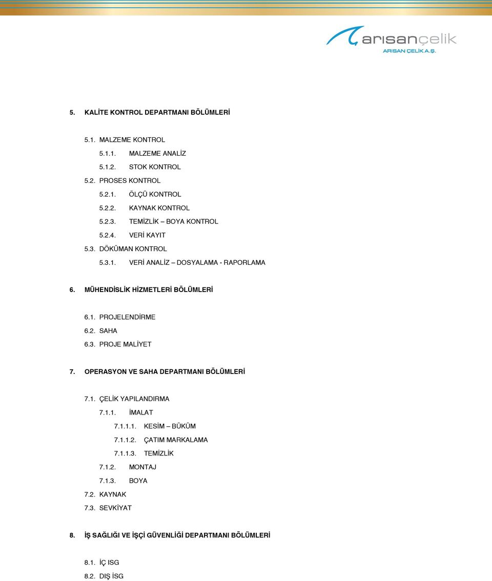 2. SAHA 6.3. PROJE MALİYET 7. OPERASYON VE SAHA DEPARTMANI BÖLÜMLERİ 7.1. ÇELİK YAPILANDIRMA 7.1.1. İMALAT 7.1.1.1. KESİM BÜKÜM 7.1.1.2. ÇATIM MARKALAMA 7.1.1.3. TEMİZLİK 7.