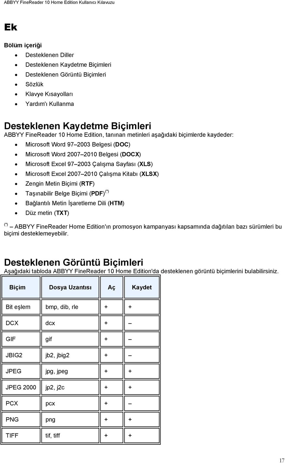 2007 2010 Çalışma Kitabı (XLSX) Zengin Metin Biçimi (RTF) Taşınabilir Belge Biçimi (PDF) (*) Bağlantılı Metin İşaretleme Dili (HTM) Düz metin (TXT) (*) ABBYY FineReader Home Edition'ın promosyon