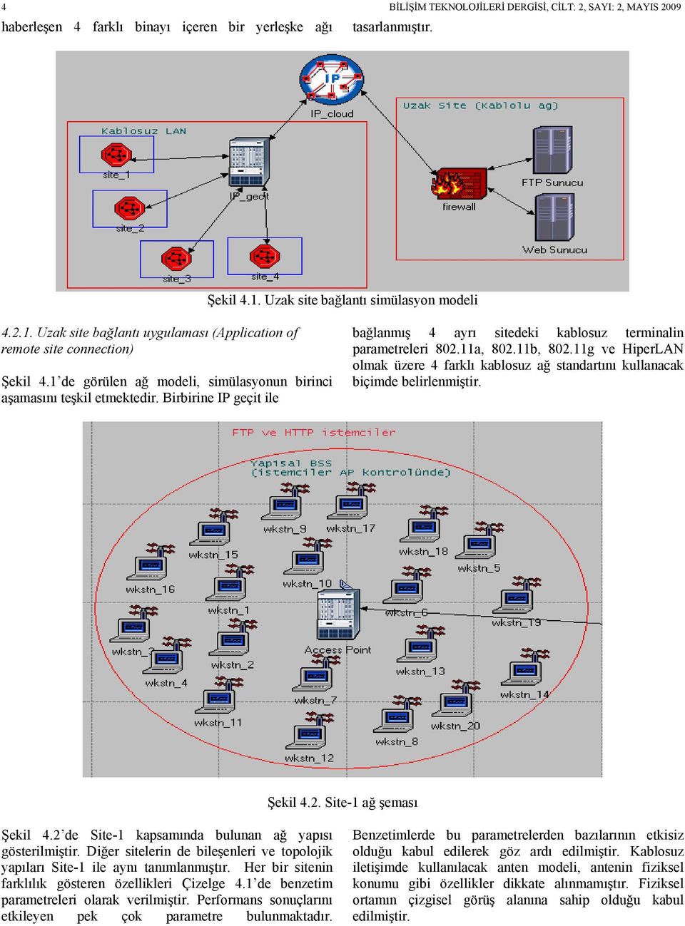 Birbirine IP geçit ile bağlanmış 4 ayrı sitedeki kablosuz terminalin parametreleri 802.11a, 802.11b, 802.11g ve HiperLAN olmak üzere 4 farklı kablosuz ağ standartını kullanacak biçimde belirlenmiştir.