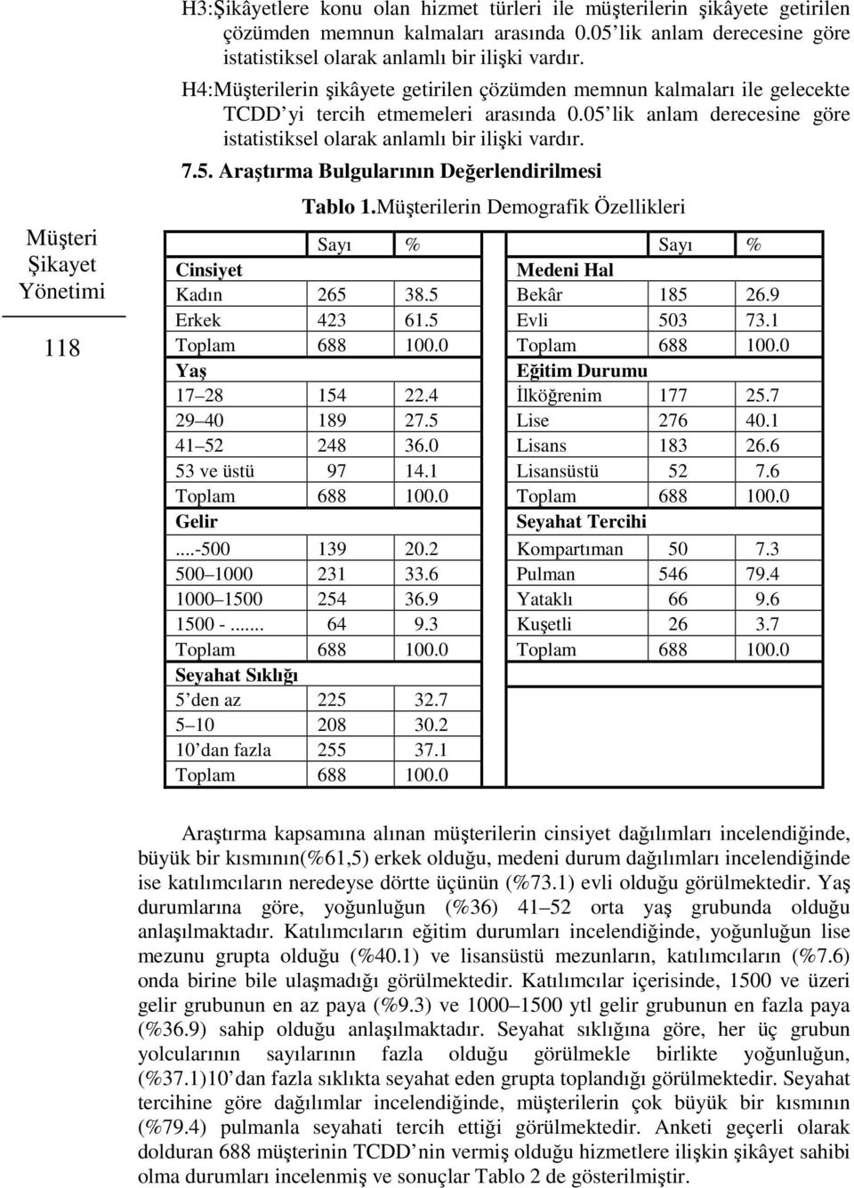 05 lik anlam derecesine göre istatistiksel olarak anlamlı bir ilişki vardır. 7.5. Araştırma Bulgularının Değerlendirilmesi Tablo 1.