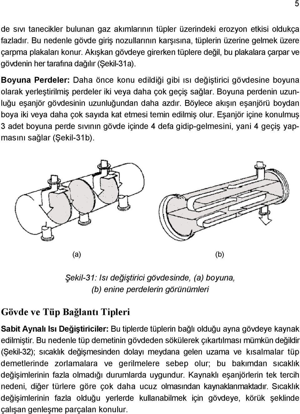 Boyuna Perdeler: Daha önce konu edildiği gibi ısı değiştirici gövdesine boyuna olarak yerleştirilmiş perdeler iki veya daha çok geçiş sağlar.