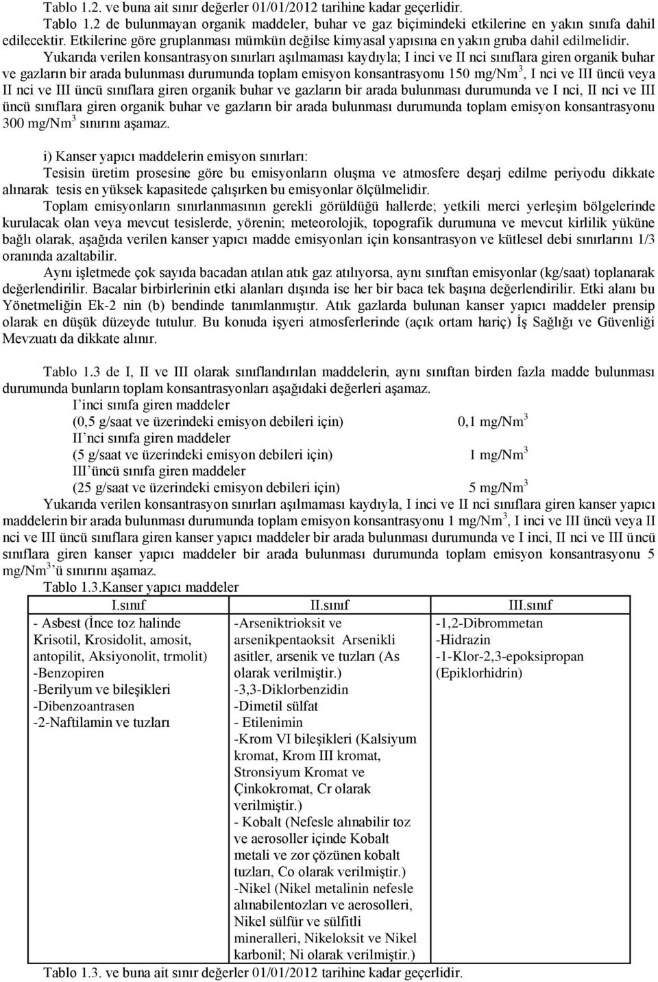 Yukarıda verilen konsantrasyon sınırları aģılmaması kaydıyla; I inci ve II nci sınıflara giren organik buhar ve gazların bir arada bulunması durumunda toplam emisyon konsantrasyonu 150 mg/nm 3, I nci