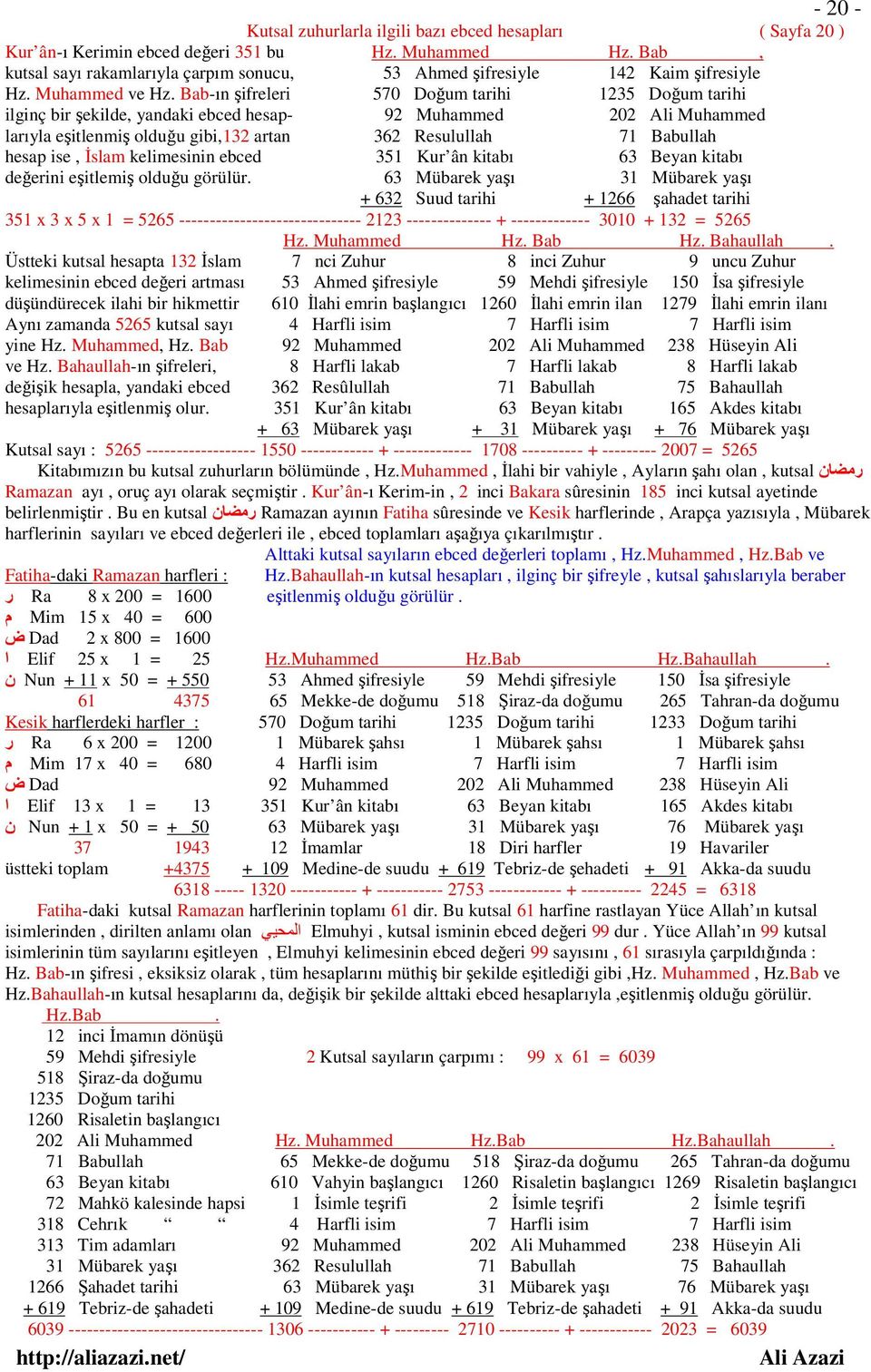 Bab-ın şifreleri 570 Doğum tarihi 1235 Doğum tarihi ilginç bir şekilde, yandaki ebced hesap- 92 Muhammed 202 Ali Muhammed larıyla eşitlenmiş olduğu gibi,132 artan 362 Resulullah 71 Babullah hesap