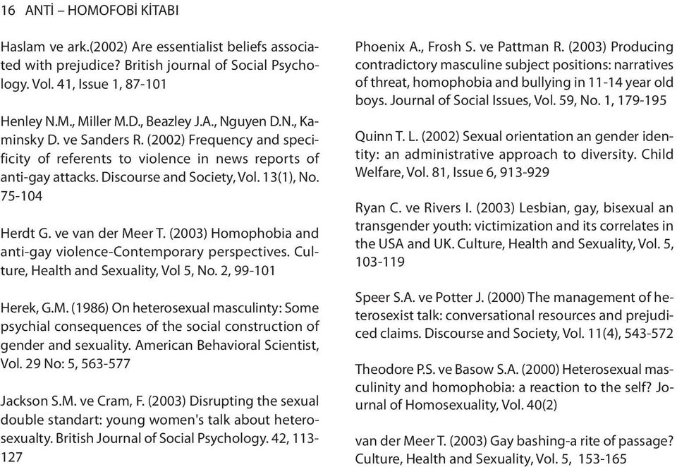 (2003) Homophobia and anti-gay violence-contemporary perspectives. Culture, Health and Sexuality, Vol 5, No. 2, 99-101 Herek, G.M.