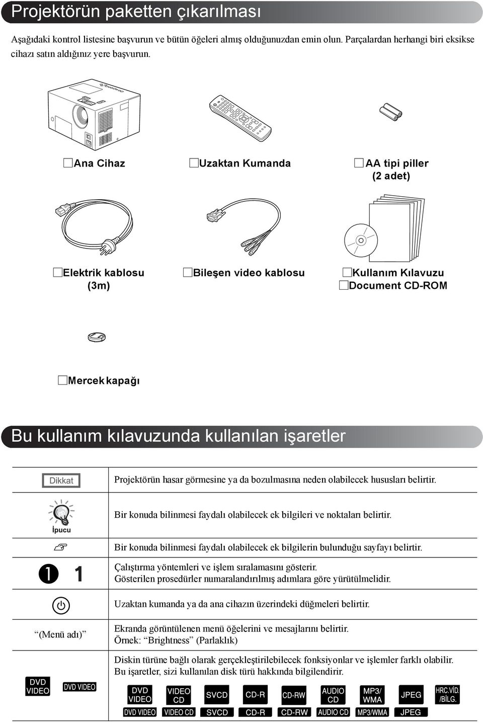 Projektörün hasar görmesine ya da bozulmasına neden olabilecek hususları belirtir. Bir konuda bilinmesi faydalı olabilecek ek bilgileri ve noktaları belirtir.