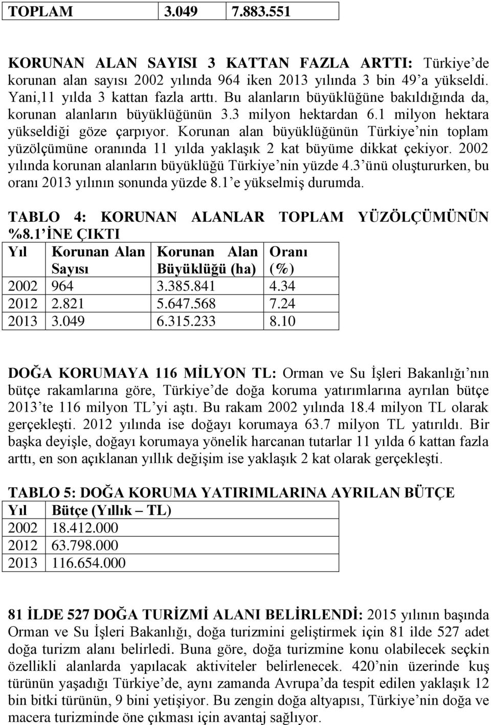 Korunan alan büyüklüğünün Türkiye nin toplam yüzölçümüne oranında 11 yılda yaklaşık 2 kat büyüme dikkat çekiyor. 2002 yılında korunan alanların büyüklüğü Türkiye nin yüzde 4.