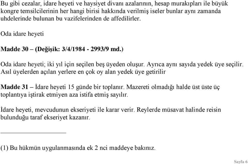 Ayrıca aynı sayıda yedek üye seçilir. Asıl üyelerden açılan yerlere en çok oy alan yedek üye getirilir Madde 31 Ġdare heyeti 15 günde bir toplanır.