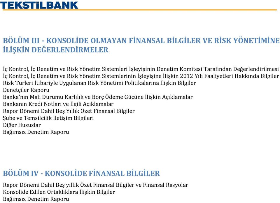 Denetçiler Raporu Banka nın Mali Durumu Karlılık ve Borç Ödeme Gücüne İlişkin Açıklamalar Bankanın Kredi Notları ve İlgili Açıklamalar Rapor Dönemi Dahil Beş Yıllık Özet Finansal Bilgiler Şube ve