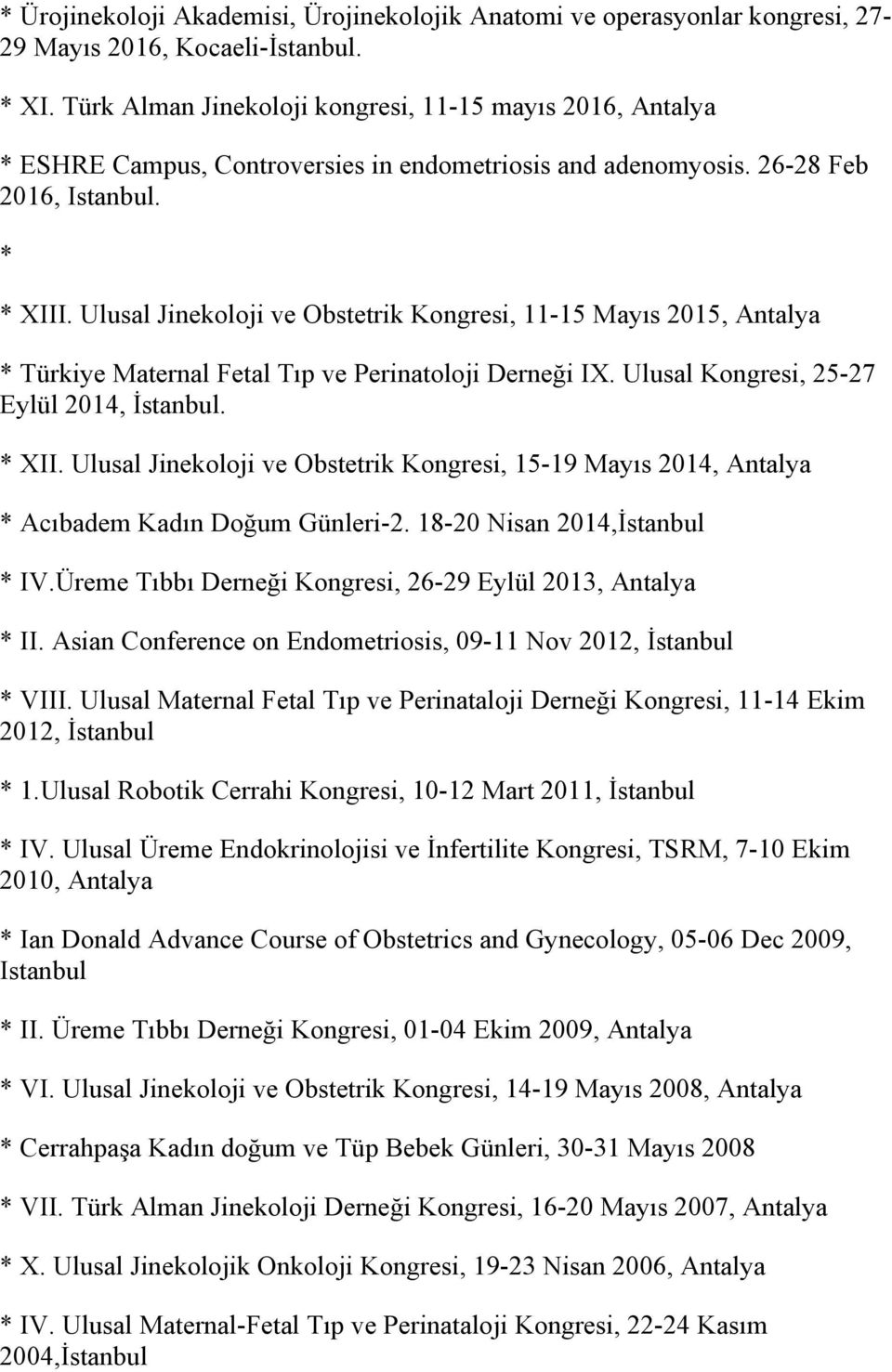 Ulusal Jinekoloji ve Obstetrik Kongresi, 11-15 Mayıs 2015, Antalya * Türkiye Maternal Fetal Tıp ve Perinatoloji Derneği IX. Ulusal Kongresi, 25-27 Eylül 2014, İstanbul. * XII.