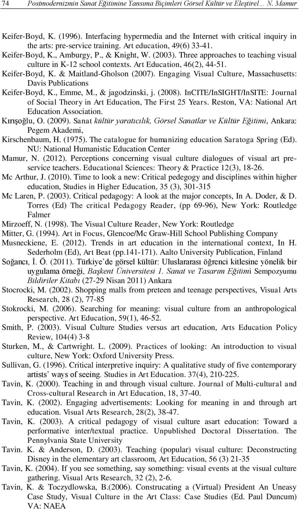 Three approaches to teaching visual culture in K-12 school contexts. Art Education, 46(2), 44-51. Keifer-Boyd, K. & Maitland-Gholson (2007).