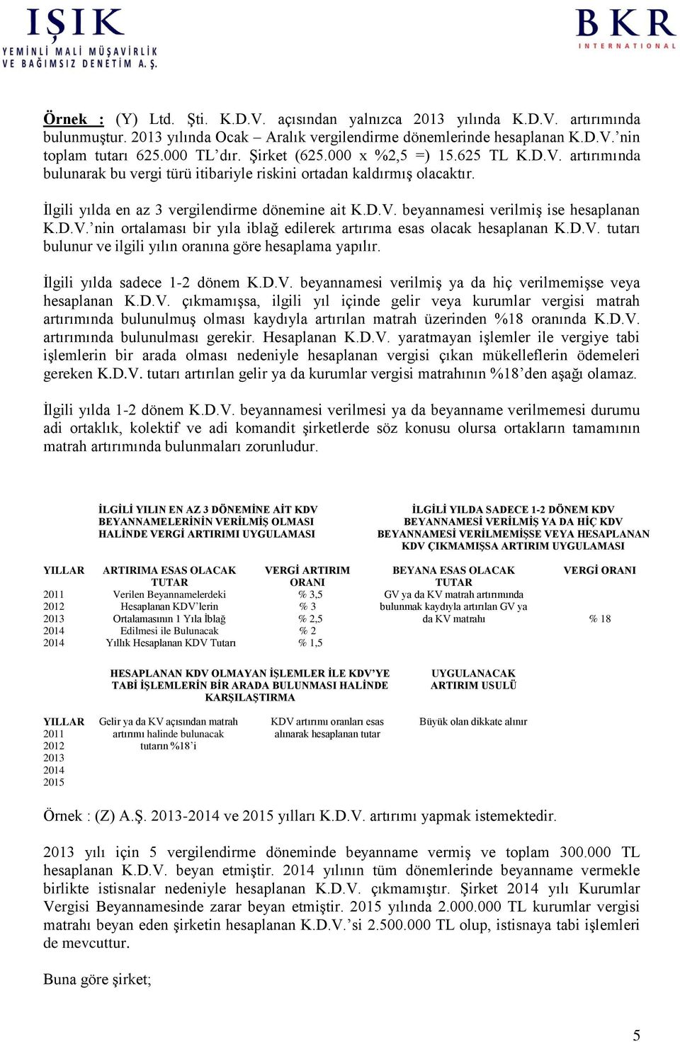 D.V. nin ortalaması bir yıla iblağ edilerek artırıma esas olacak hesaplanan K.D.V. tutarı bulunur ve ilgili yılın oranına göre hesaplama yapılır. İlgili yılda sadece 1-2 dönem K.D.V. beyannamesi verilmiş ya da hiç verilmemişse veya hesaplanan K.