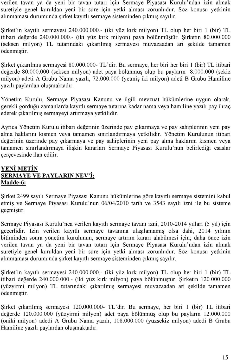 000.000.- (iki yüz kırk milyon) paya bölünmüştür. Şirketin 80.000.000 (seksen milyon) TL tutarındaki çıkarılmış sermayesi muvazaadan ari şekilde tamamen ödenmiştir. Şirket çıkarılmış sermayesi 80.000.000- TL dir.