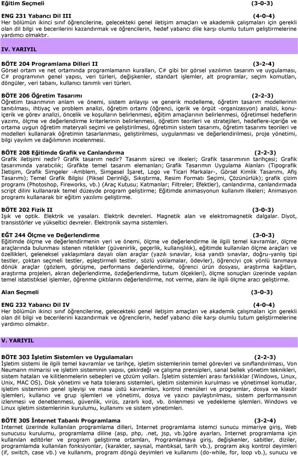 YARIYIL BÖTE 204 Programlama Dilleri II (3-2-4) Görsel ortam ve net ortamında programlamanın kuralları, C# gibi bir görsel yazılımın tasarım ve uygulaması, C# programının genel yapısı, veri türleri,