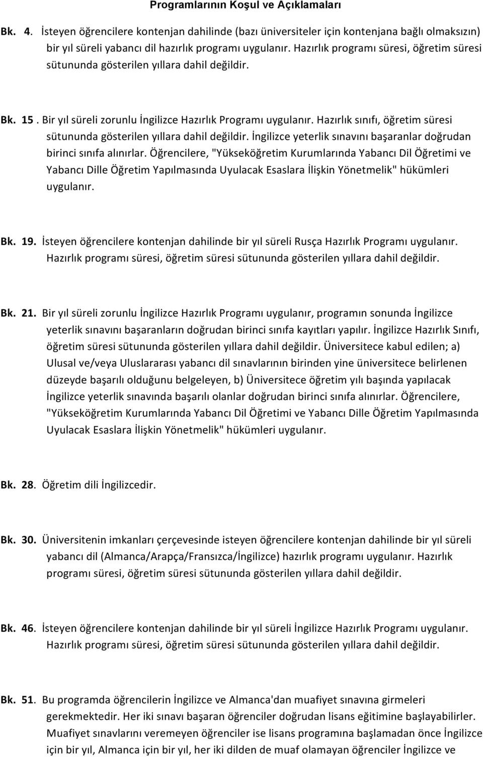 Hazırlık sınıfı, öğretim süresi sütununda gösterilen yıllara dahil değildir. İngilizce yeterlik sınavını başaranlar doğrudan birinci sınıfa alınırlar.