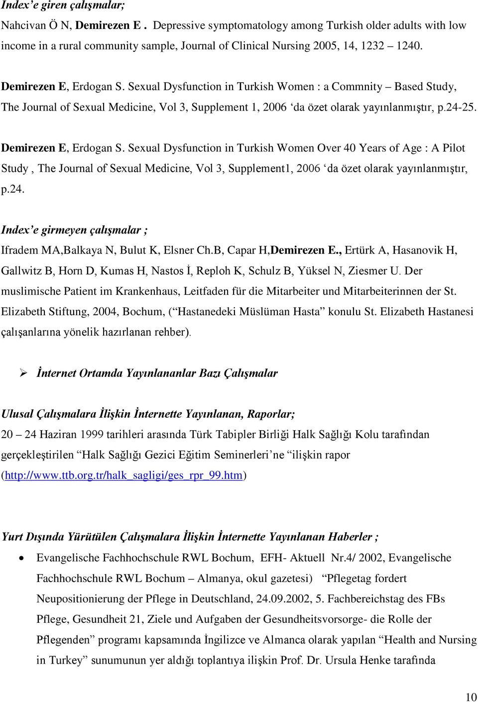 Demirezen E, Erdogan S. Sexual Dysfunction in Turkish Women Over 40 Years of Age : A Pilot Study, The Journal of Sexual Medicine, Vol 3, Supplement1, 2006 da özet olarak yayınlanmıştır, p.24.