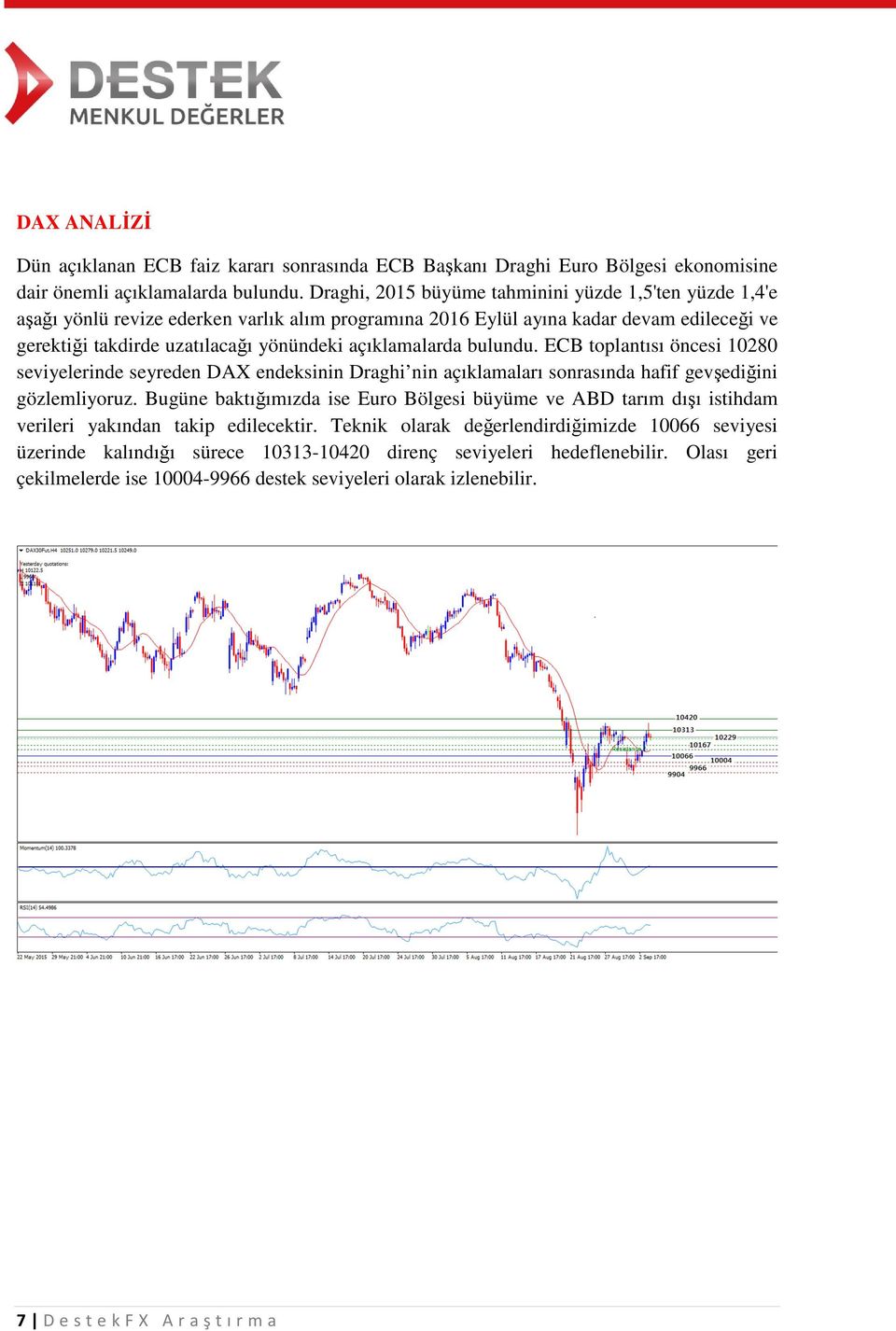 açıklamalarda bulundu. ECB toplantısı öncesi 10280 seviyelerinde seyreden DAX endeksinin Draghi nin açıklamaları sonrasında hafif gevşediğini gözlemliyoruz.