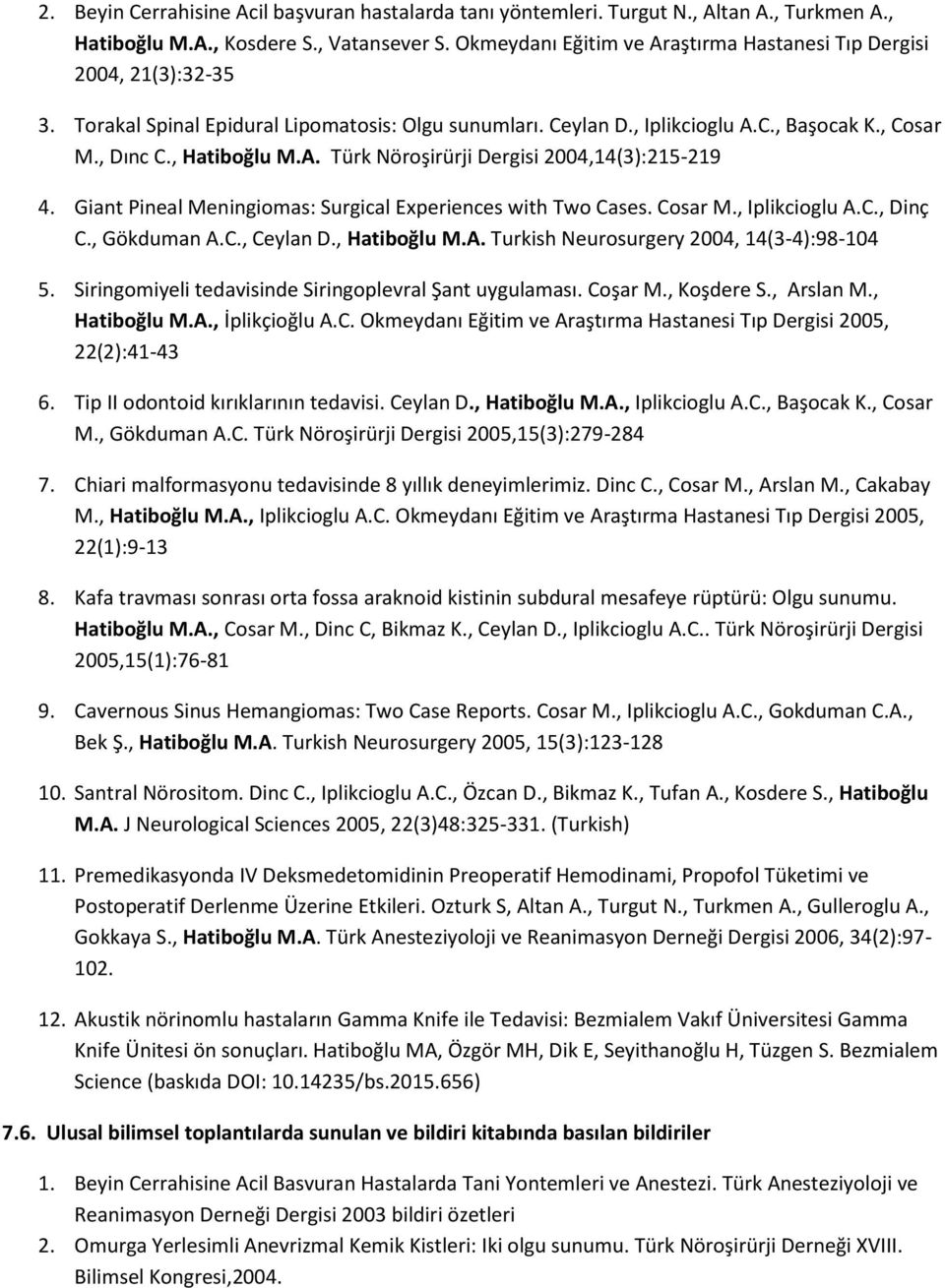 Giant Pineal Meningiomas: Surgical Experiences with Two Cases. Cosar M., Iplikcioglu A.C., Dinç C., Gökduman A.C., Ceylan D., Hatiboğlu M.A. Turkish Neurosurgery 2004, 14(3-4):98-104 5.