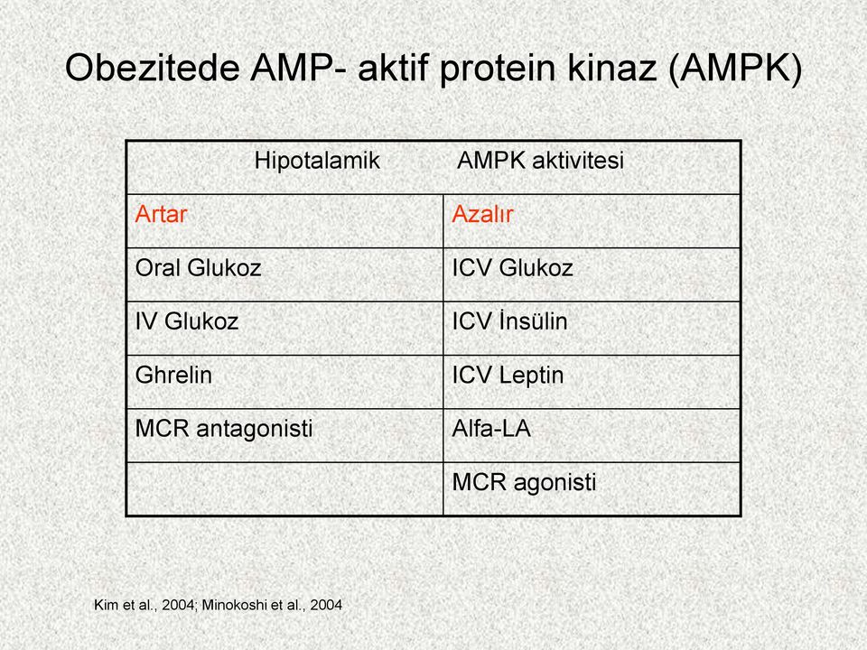 antagonisti Azalır ICV Glukoz ICV Ġnsülin ICV Leptin