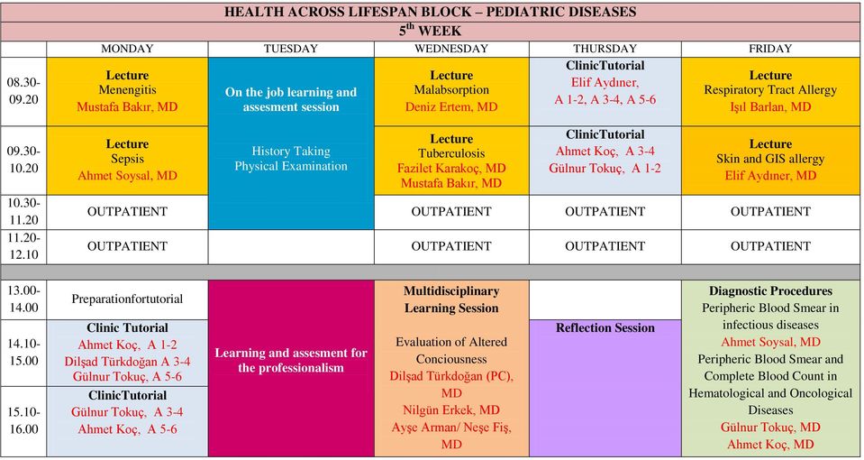 History Taking Physical Examination Malabsorption Deniz Ertem, MD Tuberculosis Fazilet Karakoç, MD Mustafa Bakır, MD ClinicTutorial Elif Aydıner, A 1-2, A 3-4, A 5-6 ClinicTutorial Ahmet Koç, A 3-4