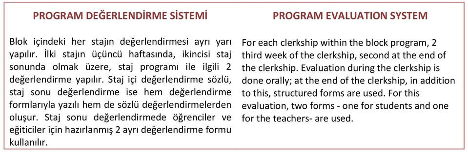 Staj içi değerlendirme sözlü, staj sonu değerlendirme ise hem değerlendirme formlarıyla yazılı hem de sözlü değerlendirmelerden oluşur.