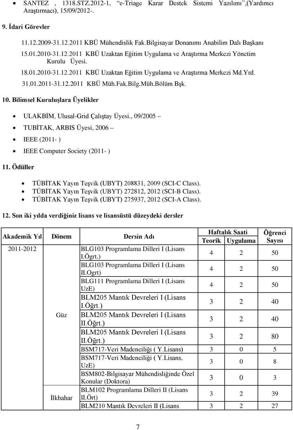 Yrd. 31.01.2011-31.12.2011 KBÜ Müh.Fak.Bilg.Müh.Bölüm Bşk. 10. Bilimsel Kuruluşlara Üyelikler ULAKBİM, Ulusal-Grid Çalıştay Üyesi.