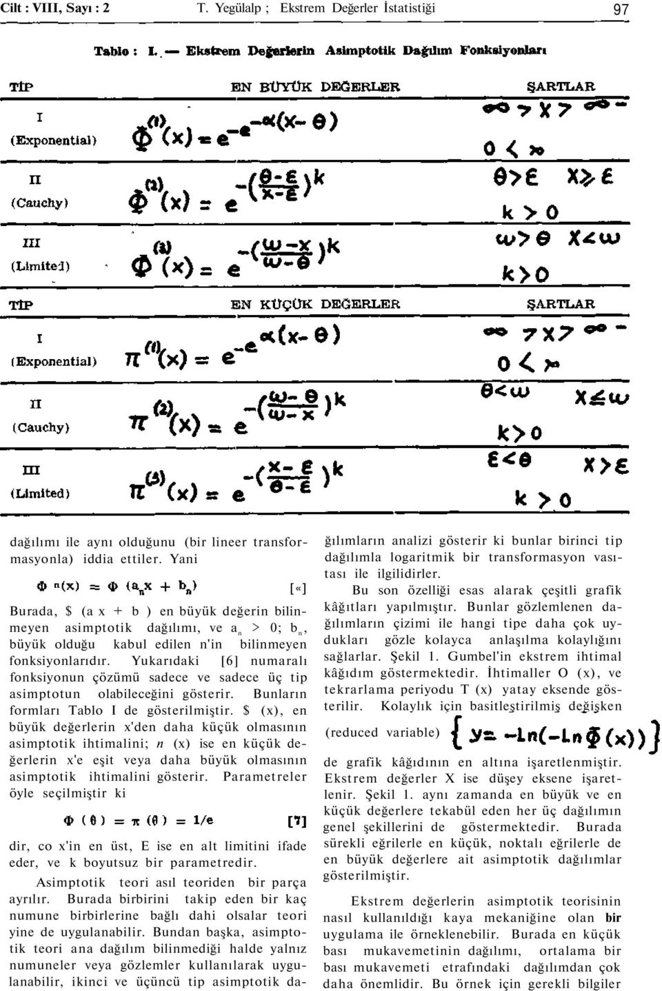 Yukarıdaki [6] numaralı fonksiyonun çözümü sadece ve sadece üç tip asimptotun olabileceğini gösterir. Bunların formları Tablo I de gösterilmiştir.