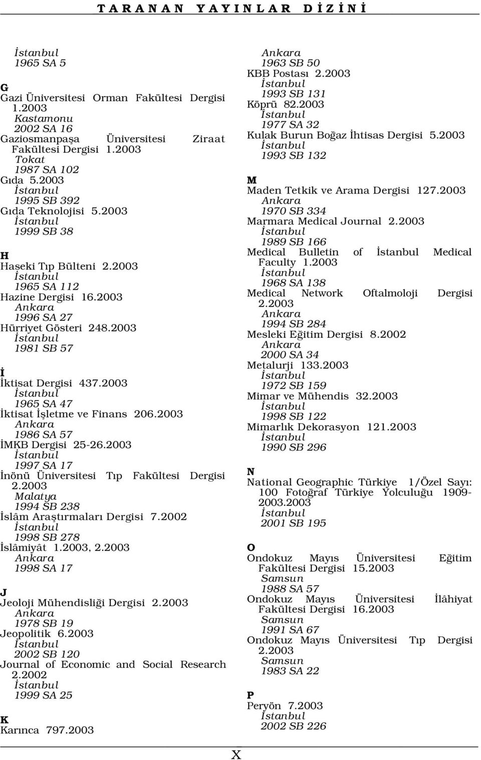 2003 M stanbul Maden Tetkik ve Arama Dergisi 127.2003 1995 SB 392 Ankara G da Teknolojisi 5.2003 1970 SB 334 stanbul Marmara Medical Journal 2.