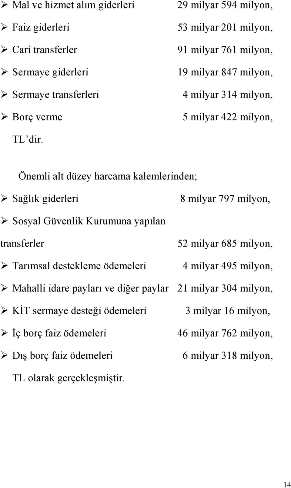 Önemli alt düzey harcama kalemlerinden; Sağlık giderleri 8 milyar 797 milyon, Sosyal Güvenlik Kurumuna yapılan transferler Tarımsal destekleme ödemeleri Mahalli idare