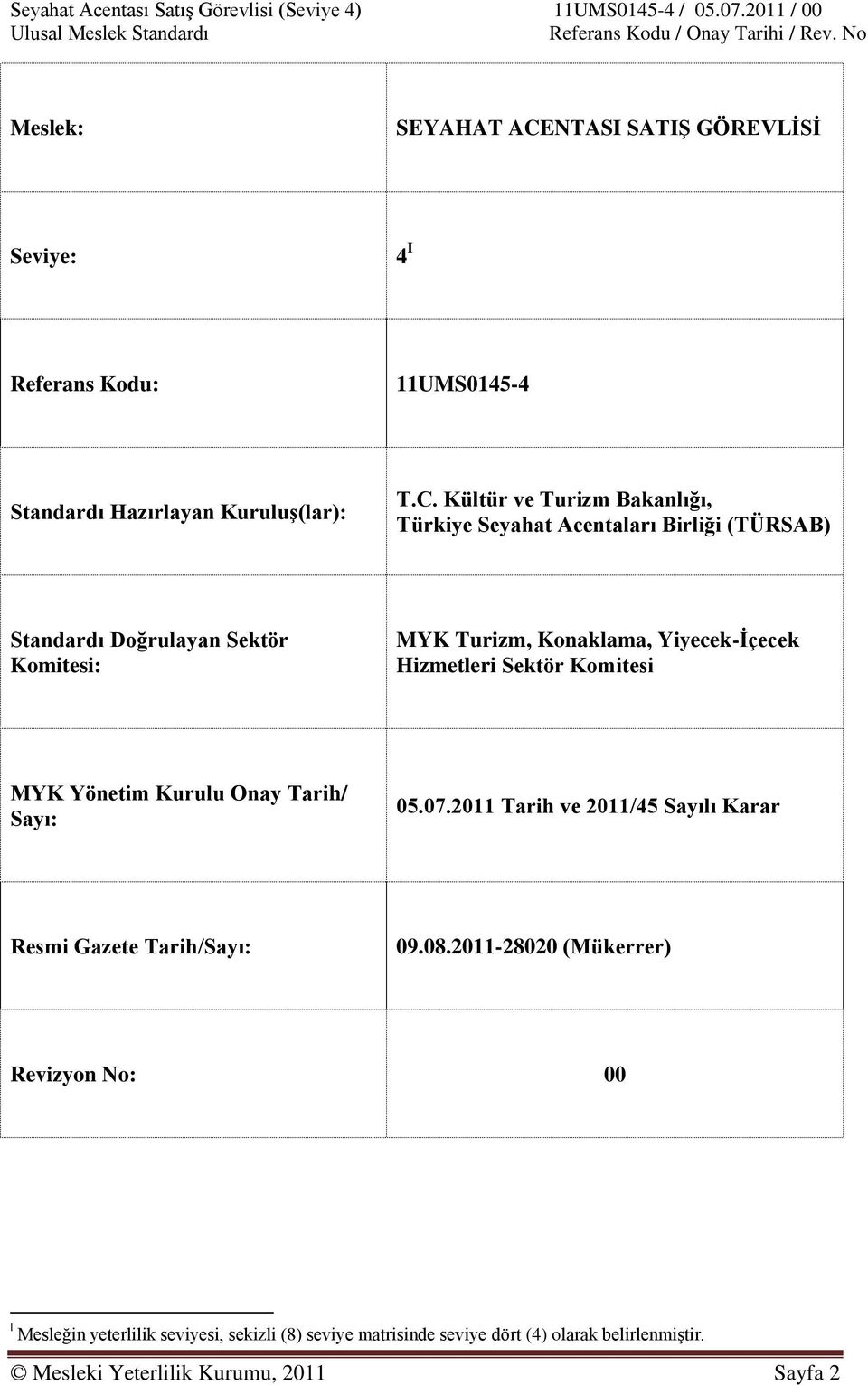 Kültür ve Turizm Bakanlığı, Türkiye Seyahat Acentaları Birliği (TÜRSAB) Standardı Doğrulayan Sektör Komitesi: MYK Turizm, Konaklama,