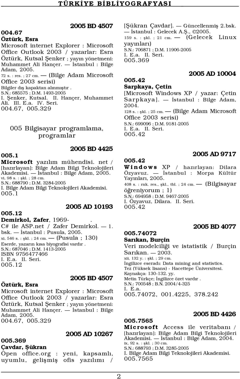 329 005 Bilgisayar programlama, programlar 2005 BD 4425 005.1 Microsoft yazılım mühendisi. net / [hazırlayan]: Bilge Adam Bilgi Teknolojileri Akademisi. İstanbul : Bilge Adam, 2005. vi, 98 s. : şkl.